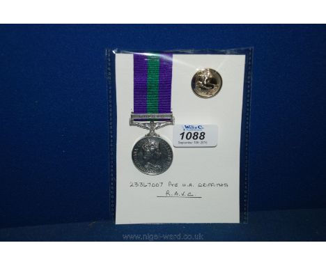 A General Service medal Bar ''Malaya'' to: 23367007, Pte H.A. Griffiths, R.A.V.C. and an anodised Button