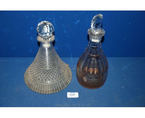 A conical shaped cut glass Decanter and a skittle shaped thumb cut decanter.