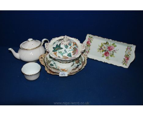 A Hammersley & Co, 6112/9 pink and gilt Teapot and sugar Bowl, an Old Harmony rose Foley, James Kent dressing Table Plate and