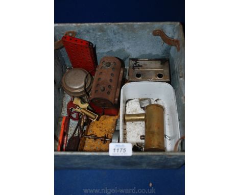 A box of Mamod toy Traction Engine parts.