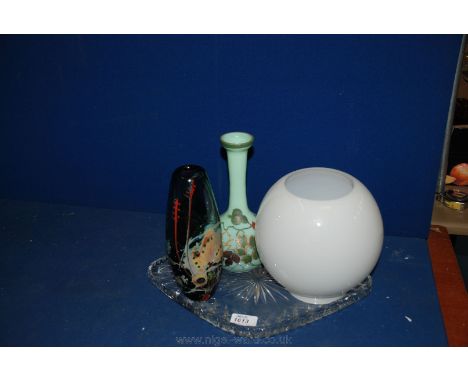 A Glass tray with white glass oil lamp shade and studio glass vase, signature to the base.