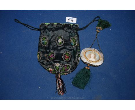 A Victorian Silk, beaded drawstring Bag and a small Portrait of a long haired girl, mounted in gilt metal on mother of pearl