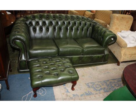 A modern green Leather button upholstered three seater Chesterfield style Settee and matching Footstool on cabriole legs