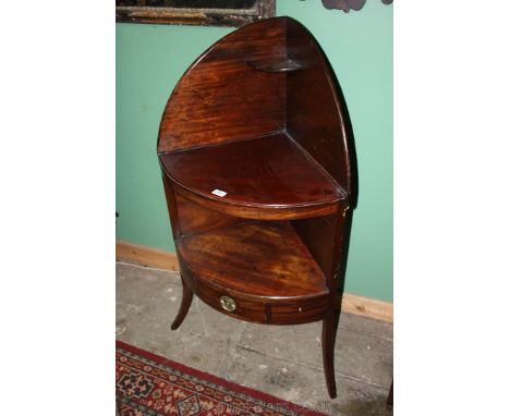 A Georgian bow fronted Mahogany Corner Washstand with large galleried back and upper small corner shelf, over the two lower s