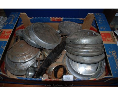 A quantity of old chromium finished Car hub Caps including Austin 10 type lamp prisms, two King of the Road side lamps, a rea