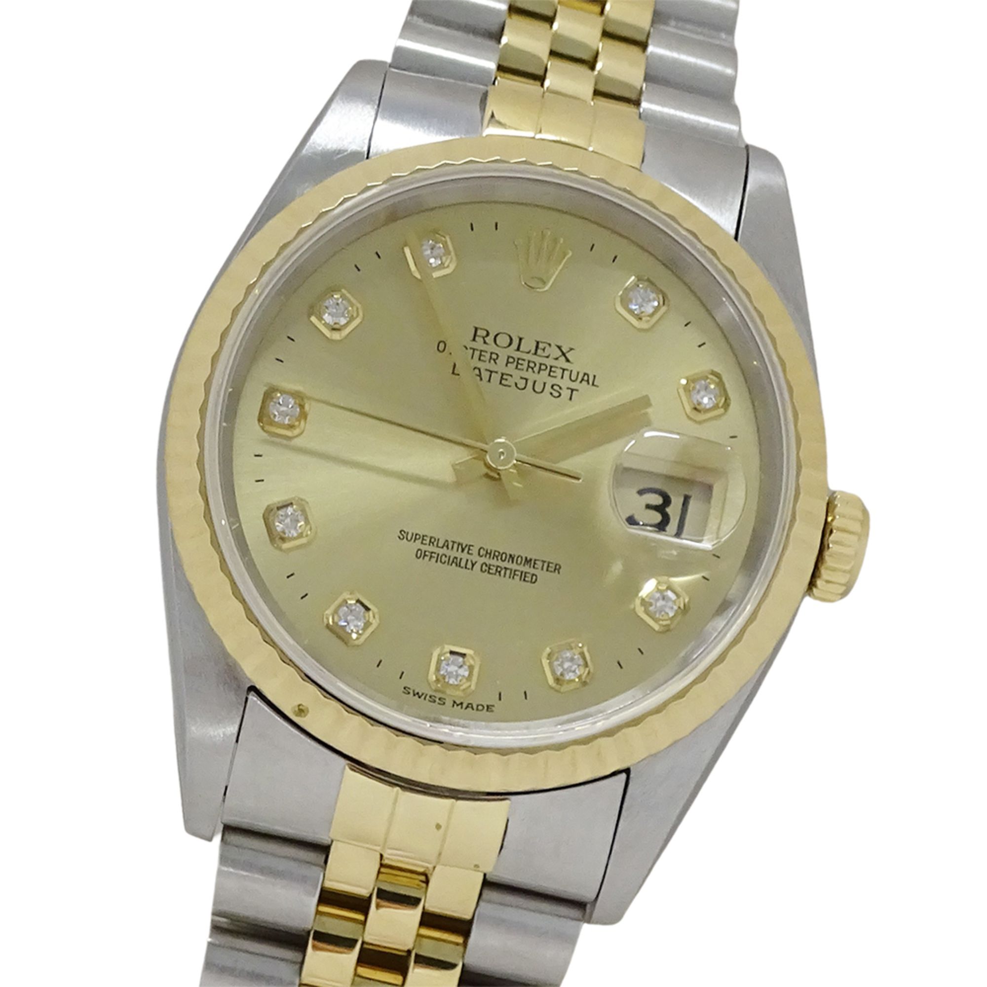 Rolex Datejust 16233G W-number Men's Watch, 10 Diamonds, Automatic, Stainless Steel, Gold, Yellow Po