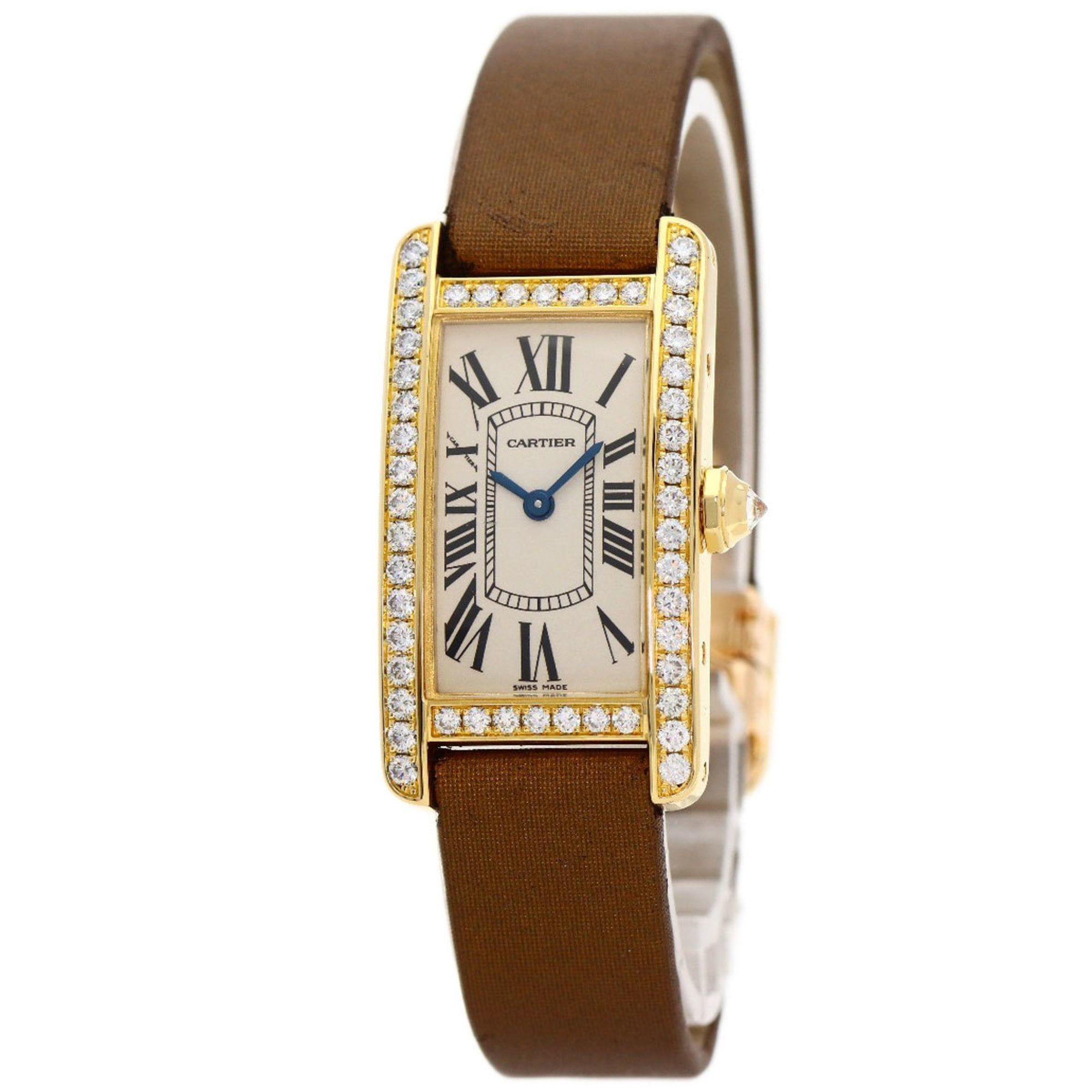 Cartier Tank Américaine SM Watch WB707231, 18K Yellow Gold with Satin Leather and Diamonds, Women's