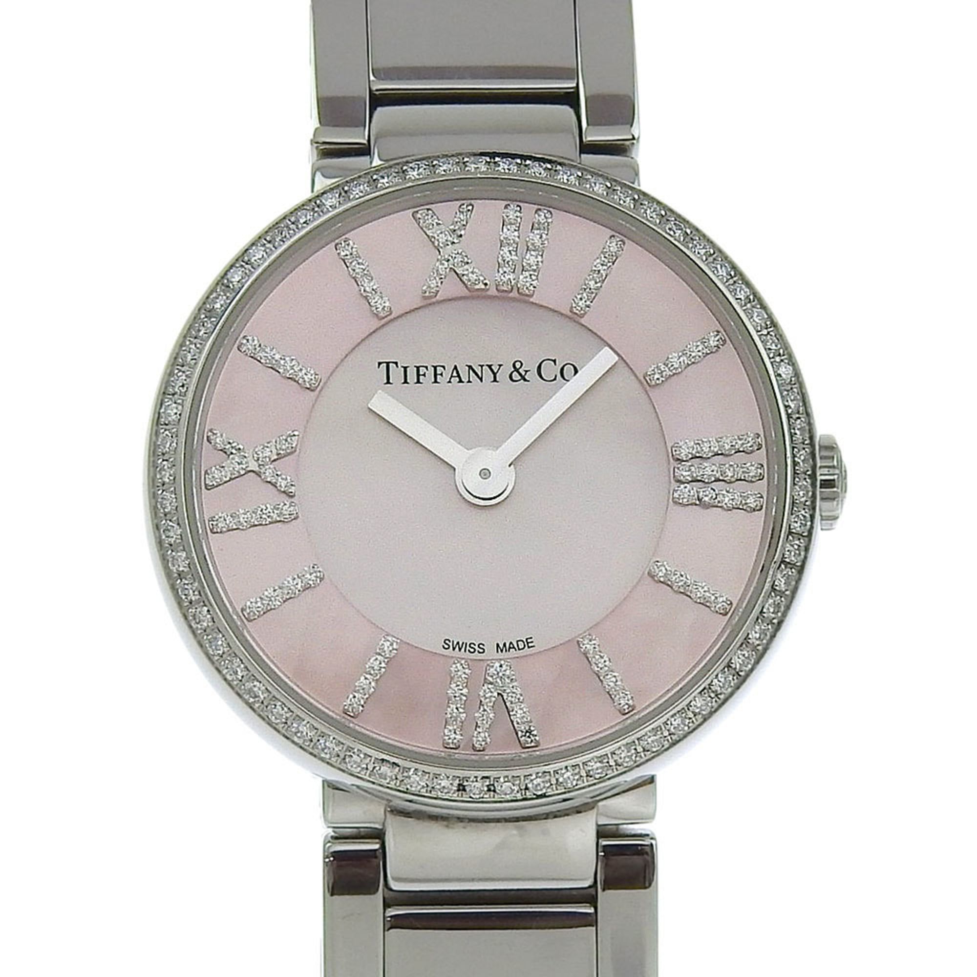 Like new Tiffany & Co. Atlas 6929161, pink shell dial, diamond bezel, indexes, stainless steel