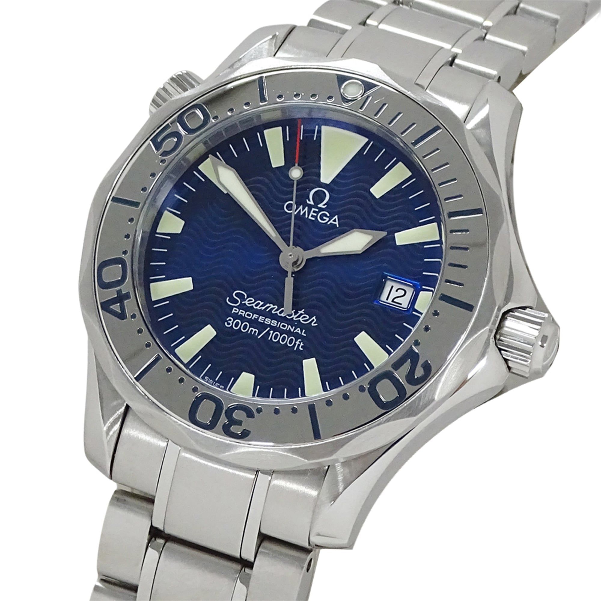 OMEGA Seamaster 2263.80 Wristwatch Boys Brand 300m Date Quartz QZ Stainless Steel SS Silver Blue Pol