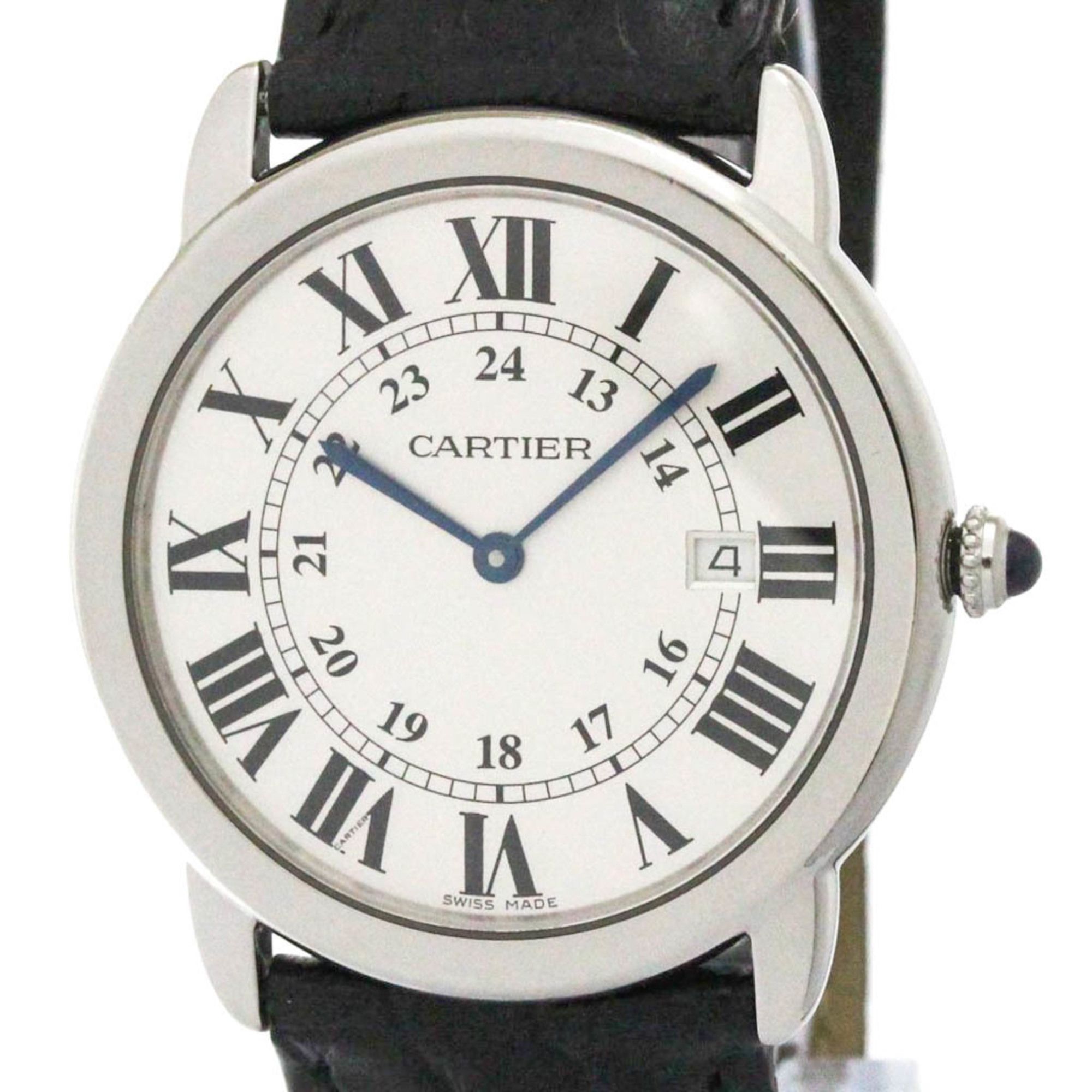 CARTIER Ronde Solo LM Steel Leather Quartz Mens Watch W6700255 Polished