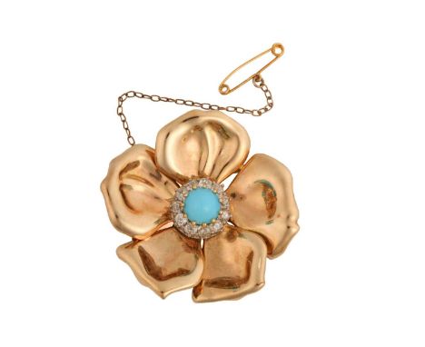A turquoise and diamond flower head brooch, centred with a round high-domed turquoise cabochon of 7.3 mm, encircled by a bord
