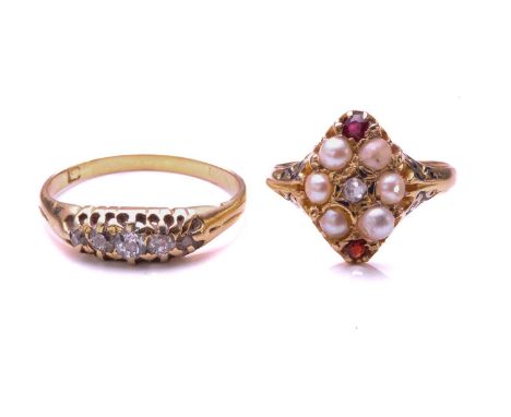 A mid Victorian ruby, pearl and diamond ring, with central old cut diamond, within a six stone pearl surround and with single