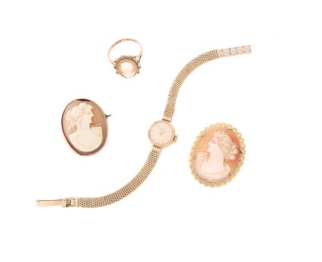 Shell cameo jewellery in 9ct gold, together with a lady's wristwatch; including two shell cameo brooches, both depicting side