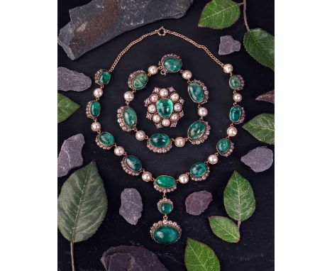 A 19th-century emerald, old-cut diamond and blister pearl necklace converted into a suite, together with a matching brooch; t