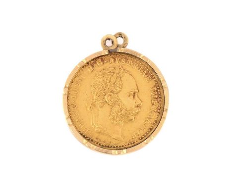 An Austrian 1 Ducat coin in a yellow metal pendant mount, 1915, total weight of item 4.6 grams.