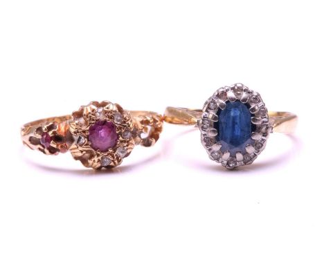 Two gem-set rings in 18ct gold; a sapphire and single-cut diamond cluster ring, with chenier shoulders to D-section shank, Lo