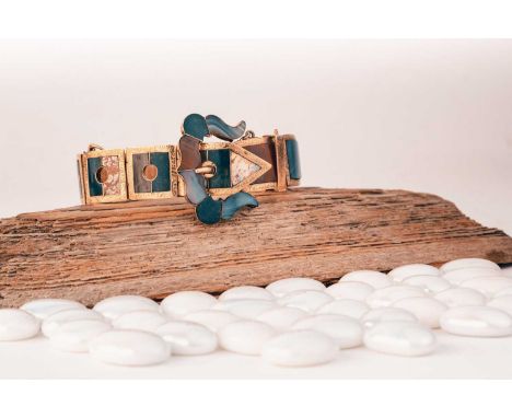 A Victorian Scottish agate bracelet of belt and buckle design, comprising different varieties of chalcedony such as Montrose 