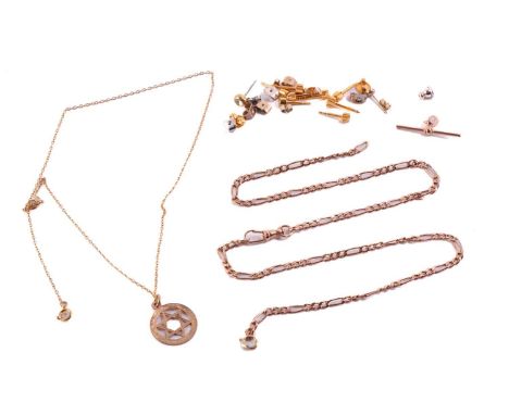 A collection of two chains, stud earrings, butterfly backs and an Albert chain T-Bar. The first chain features a star of Davi