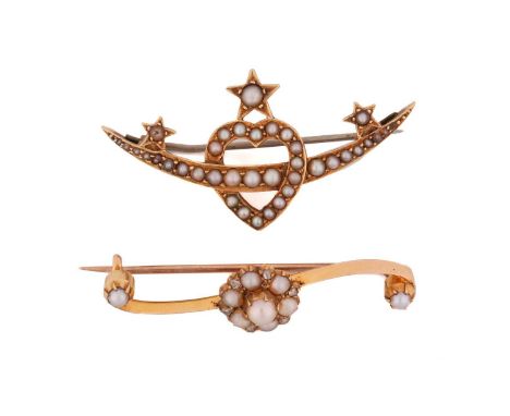 Two pearl bar brooches, one late Victorian and set with a crescent bisecting a heart, the other with a central seven stone pe