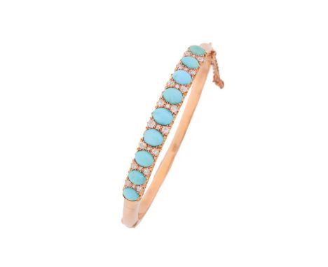 A turquoise and diamond hinged bangle in yellow gold, featuring a graduated row of nine turquoise cabochons in claw settings,