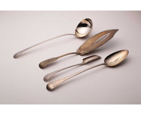 A George III silver stilton scoop, London 1794, a silver fiddle pattern fish slice, London 1806, together with a silver servi