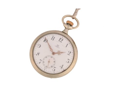 An Open faced Omega pocket watch engraved Grande Prix 1900, with a keyless wound movement signed Omega in a base metal case m