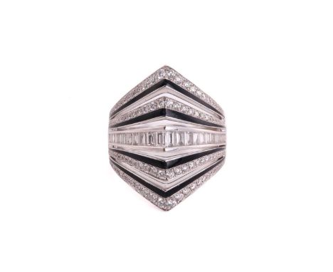 A Stephen Webster Vertigo gaining perspective diamond and enamel ring, consisting of tapered baguette-cut diamonds and round 