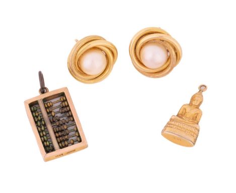 A pair of pearl earrings along with two charms; each of the earrings features an 8.8 mm cultured pearl, in a surround of inte