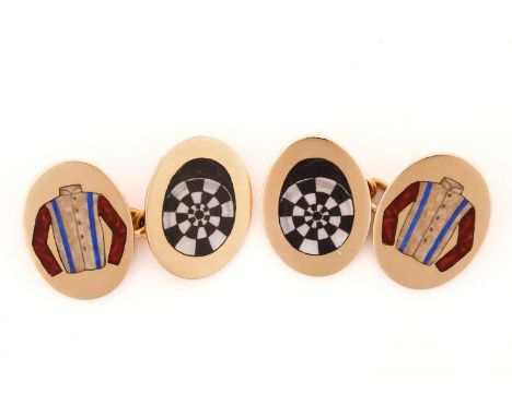 A pair of Longmire racing colours cufflinks in 18ct yellow gold, the oval panels have painted enamel with jockey's racing col