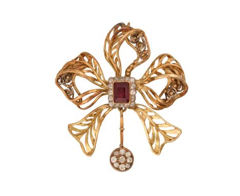 A ruby and diamond bow pendant brooch, comprising a rectangular emerald-cut ruby in collet approximately measuring 6.8 x 4.9 