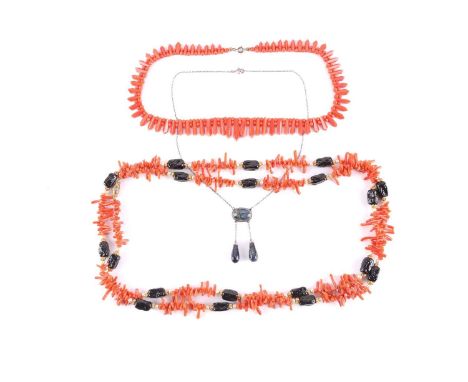 A small collection of precious coral jewellery, and others; to include a red precious coral expandable bracelet with a carved