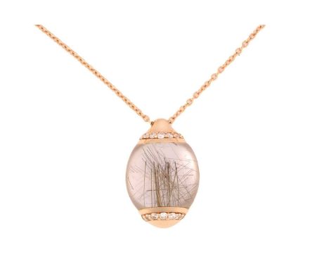 A 'Moon' drop pendant set with rutilated quartz doublet and diamonds, designed by Bigli, cabochon rutile in quartz set over a