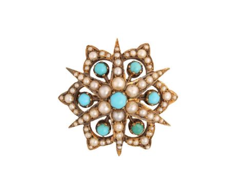A late Victorian starburst brooch set with turquoise and seed pearl in 18ct gold, mounted with graduated white split pearls t