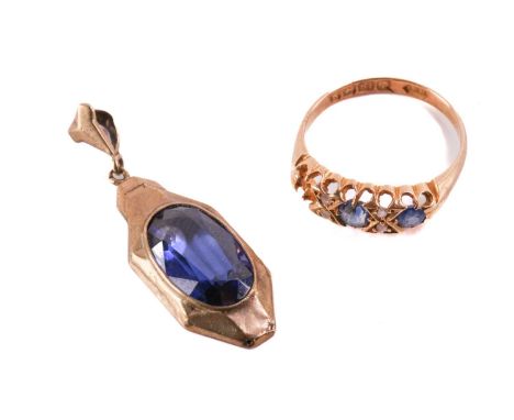 A sapphire and diamond half hoop ring in 18ct gold, and a pendant; the ring comprises two faceted sapphires, flanked by rose-