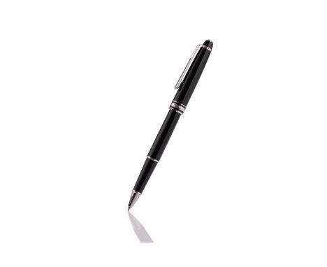 Montblanc Meisterstück Classique rollerball pen, with cap and barrel in black resin, white-tone hardware, and emblem inlaid i