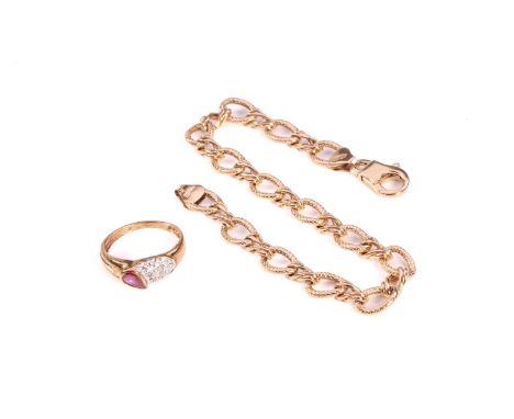 A fancy link bracelet and a ring in 9ct yellow gold; the bracelet comprises textured cable link with twisted figure of eight 