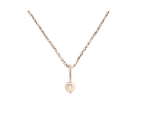 A diamond drop pendant on chain, a brilliant-cut diamond of 4.7 mm set on to a bar mount, suspending on a fine foxtail chain,