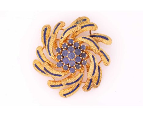 An enamelled swirl brooch set with sapphires, comprising a cluster of nineteen round faceted sapphire superimposed on top of 