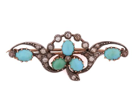 A turquoise and diamond brooch, comprising oval turquoise cabochons arranged as a trefoil motif, embellished with single-cut 