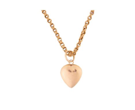 A heart pendant on chain, comprising a hollow heart-shaped pendant with bail, on a fancy belcher link chain with rope design 