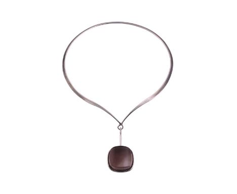 Georg Jensen - 'Neck Ring' with square smoky quartz drop pendant; comprising a streamlined tension clamp opening necklace, da