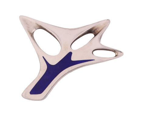 Georg Jensen - an enamel brooch, with cobalt blue enamel on an abstract panel, fitted with hinged pin stem and roll-over safe