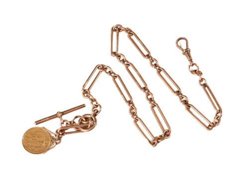 A 9ct gold Albert chain with coin charm, the figaro link chain is terminated with a swivel clasp and a spring-ring clasp on t