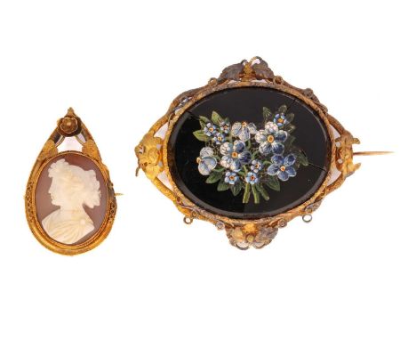 A Victorian micro mosaic brooch and a shell cameo brooch; the first brooch showcases micro mosaic with multi-coloured tessera