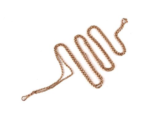 A late Victorian guard chain in 9ct gold, comprising flat cable links connecting to a swivel clasp, hallmarked as '9ct', meas