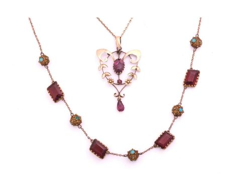 Two Edwardian gem-set necklaces in 9ct gold; the first consists of four rhomboid / parallelogram-cut garnets, flanked by elab