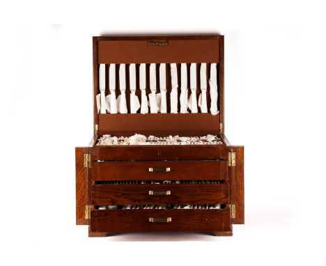 A large silver plated canteen in oak three drawer case for twelve place settings, comprising of twelve table forks, twelve ta