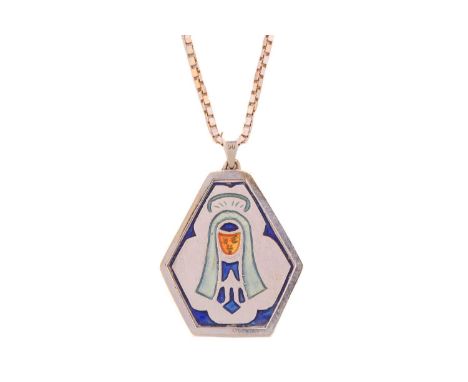 A Virgin Mary enamel pendant on chain, comprising a tapered hexagonal plaque, with a polychromatic enamel motif of the Virgin
