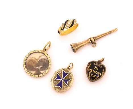 A 15ct gold mourning ring, three locket pendants and a fob charm; the ring has a swirl panel decorated with black enamel and 