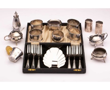 A set of Tackhing bamboo patterned napkin rings, ladle, salt cellars and pepperette, marked 'sterling silver', Hong Kong; A p